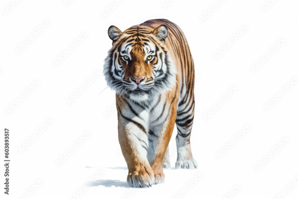 Obraz premium Tiger walking on white background. Generative AI technology.