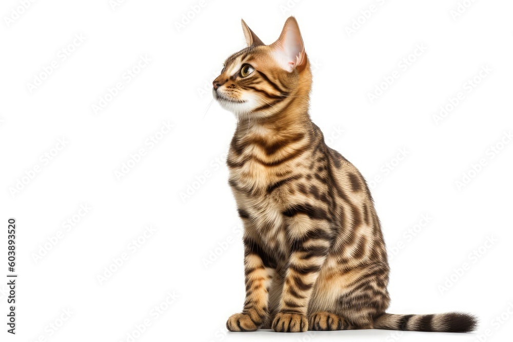 Side view of a Bengal cat sitting and looking at the camera, isolated on white. Generative AI technology. Side view of a Bengal cat sitting and looking at the camera, isolated on white. Generative AI technology.