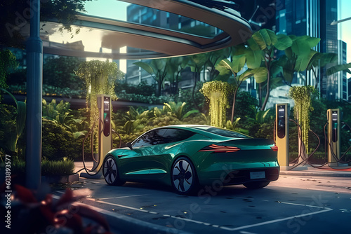 Electric Car next to a charging station  surrounded by greenery - Generative AI