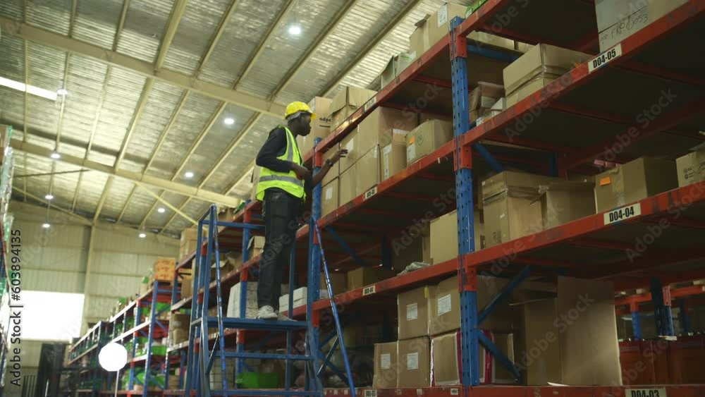 Warehouse workers in a large warehouse Climb the ladder to inspect the goods on the top shelves.