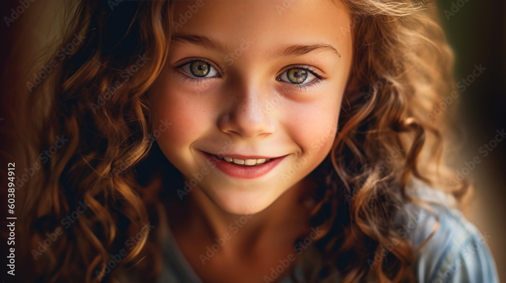 A portrait of a young girl with a mischievous smile, his eyes sparkling with curiosity. Generative AI A portrait of a young girl with a mischievous smile, his eyes sparkling with curiosity. Generative AI