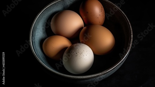Eggs in a bowl on black background created using generative AI tools