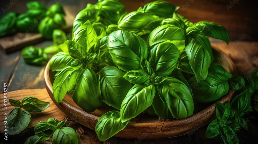 Fresh organic basil leaves in wooden bowl created using generative AI tools Fresh organic basil leaves in wooden bowl created using generative AI tools