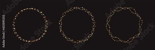 Gold Round Christmas Fairy Lights Frame Border Set. Abstract golden dots circle frame collection.