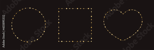 Gold Christmas Fairy Lights Frame Border Set. Abstract geometric golden dots circle frame collection.