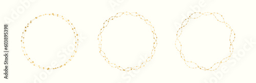 Gold Round Christmas Fairy Lights Frame Border Set. Abstract golden dots circle frame collection.