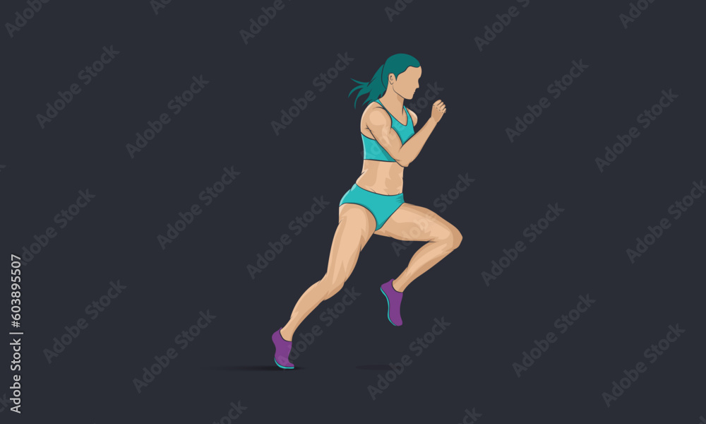 A running woman. Vector illustration. Silhouette of a sporty girl on a dark background.