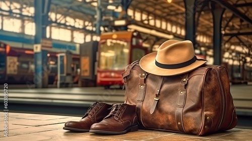 Straw hat and luggage in a train station. Travel concept idea created using generative AI tools