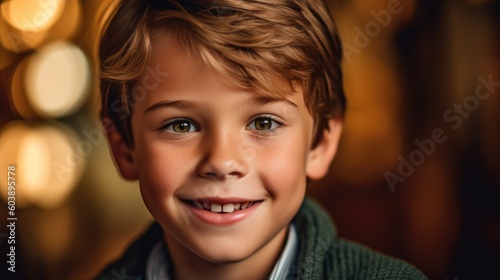 A portrait of a young boy with a mischievous smile, his eyes sparkling with curiosity. Generative AI