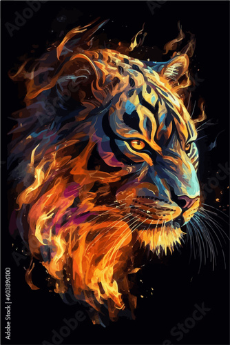 The vector illustration portrays a magnificent tiger. The vibrant red, yellow colors dominate the tiger's plumage. Watercolor tiger.