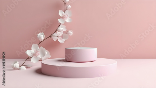 Display podium. Pastel pink minimalistic background with pedestal stand and blooming Sakura brunch,  for product display. AI generated