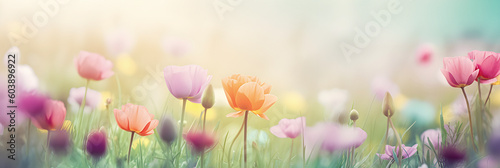 Beautiful colourful bloomed flower field  summer soft background. Ai generated