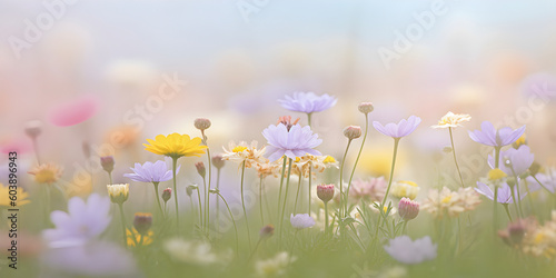 Beautiful colourful bloomed flower field, summer soft background. Ai generated