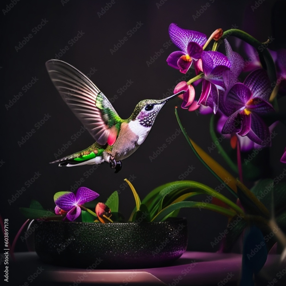 Generative AI, HUMMINGBIRD WITH NEON LIGHT CONTOURS FLYING IN FRONT OF A BEAUTIFUL FLOWER