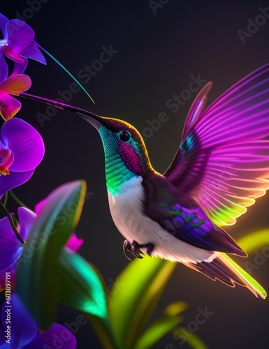 Generative AI, HUMMINGBIRD WITH NEON LIGHT CONTOURS FLYING IN FRONT OF A BEAUTIFUL FLOWER