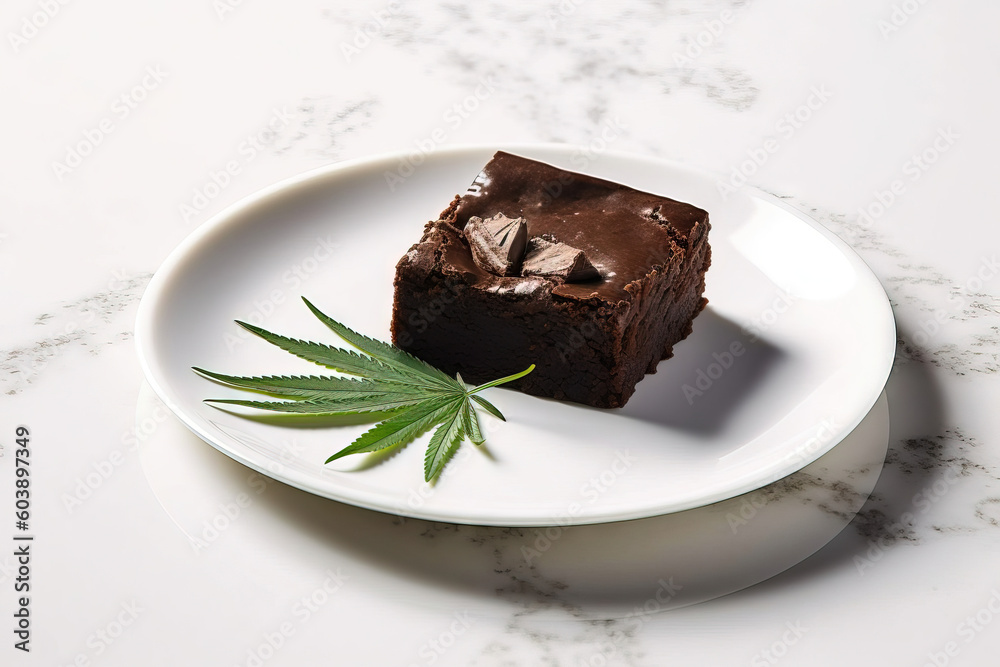 weed brownies on a white plate with marijuana leaves weed brownies on a white plate with marijuana leaves