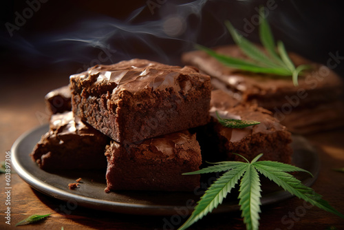 weed brownies with cannabis leaves on a plate