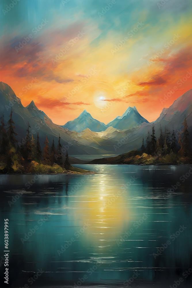 Serene Nature: Mountains, Lake, Sunset, oil painting, Generative AI
