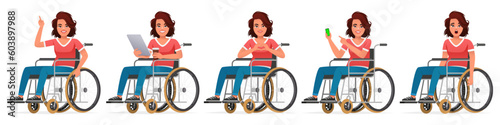 Set of happy disabled person in a wheelchair. A girl sits in a wheelchair with a tablet and a glass of coffee, with a smartphone in her hand, points to something