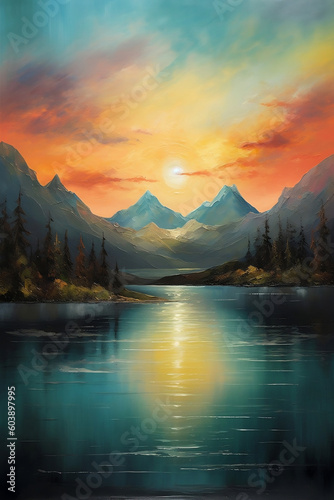 Serene Nature: Mountains, Lake, Sunset, oil painting, Generative AI