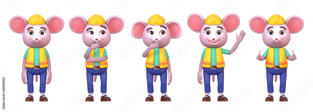 3d render of cute mouse construction worker in various situations, emotions set 1 3d render of cute mouse construction worker in various situations, emotions set 1