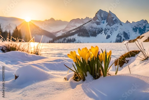 landscape with snow with flower by AI generative