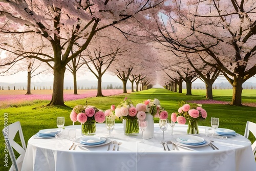 wedding table setting in garden by AI generative