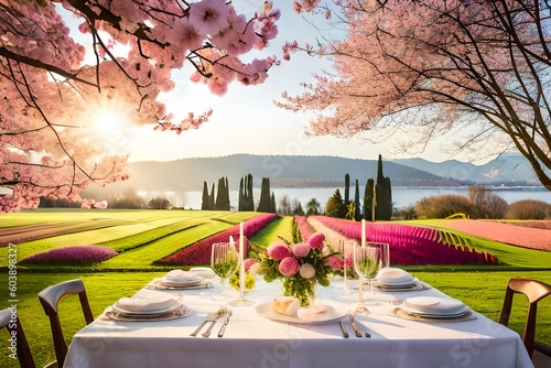 wedding table with flowers in garden by  AI generative