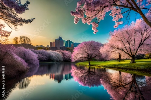 sunset over the river in the park by AI generative