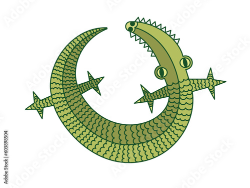 A green lizard with teeth and scales or a crocodile curled up in a ring. Vector flat illustration with outline.