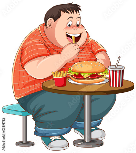 Overweight man eating fast food on the table isolated