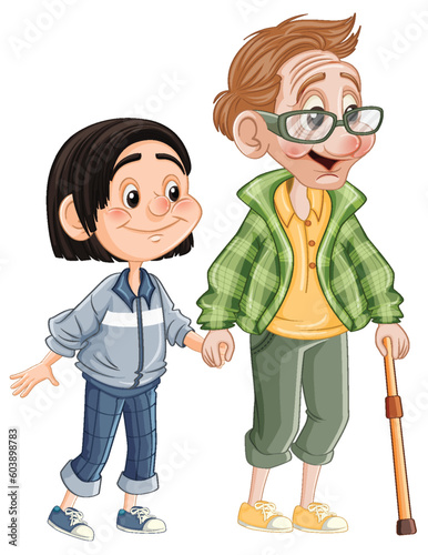 Grandfather and granddaughter cartoon character