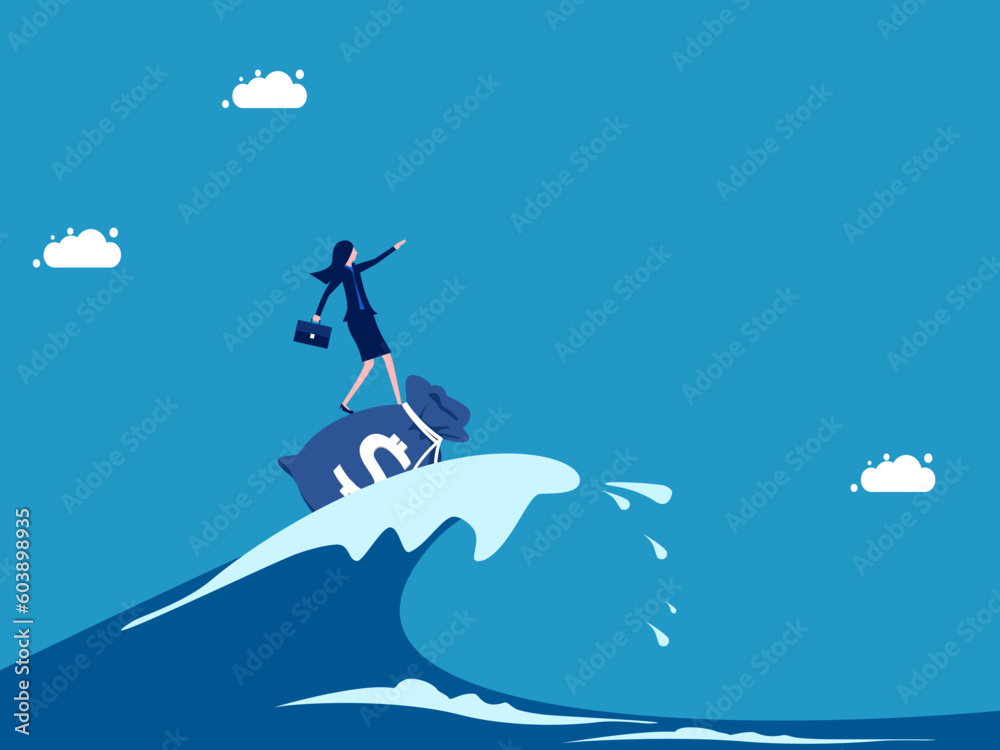 Fight a crisis with money. Businesswoman surfing the sea with a money bag vector