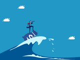 Fighting crises with money and vision. Visionary businessman surfing ocean waves with money bag vector