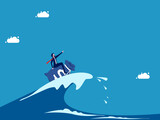 Get through the crisis with money and leadership vision. Businessman leader surfing sea waves with money bag vector