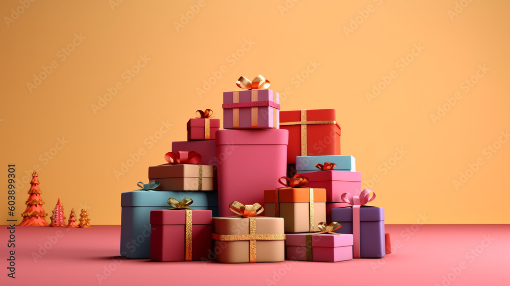Celebrate in style with our vibrant banner featuring a multitude of gift boxes adorned with velvet ribbons and paper decorations. Perfect for Christmas or birthdays, colorful background, Celebrate in style with our vibrant banner featuring a multitude of gift boxes adorned with velvet ribbons and paper decorations. Perfect for Christmas or birthdays, colorful background,