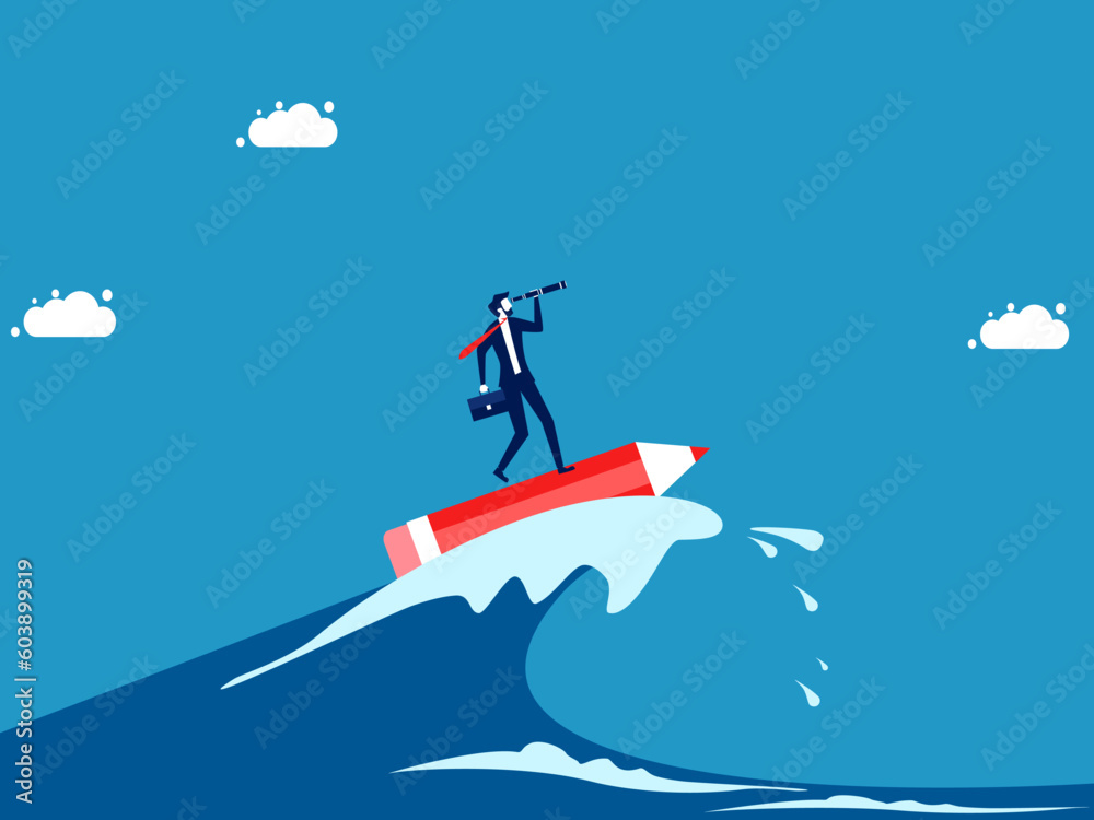 Fighting crises with creativity and vision. Businessman leader surfing the ocean waves with a pencil vector