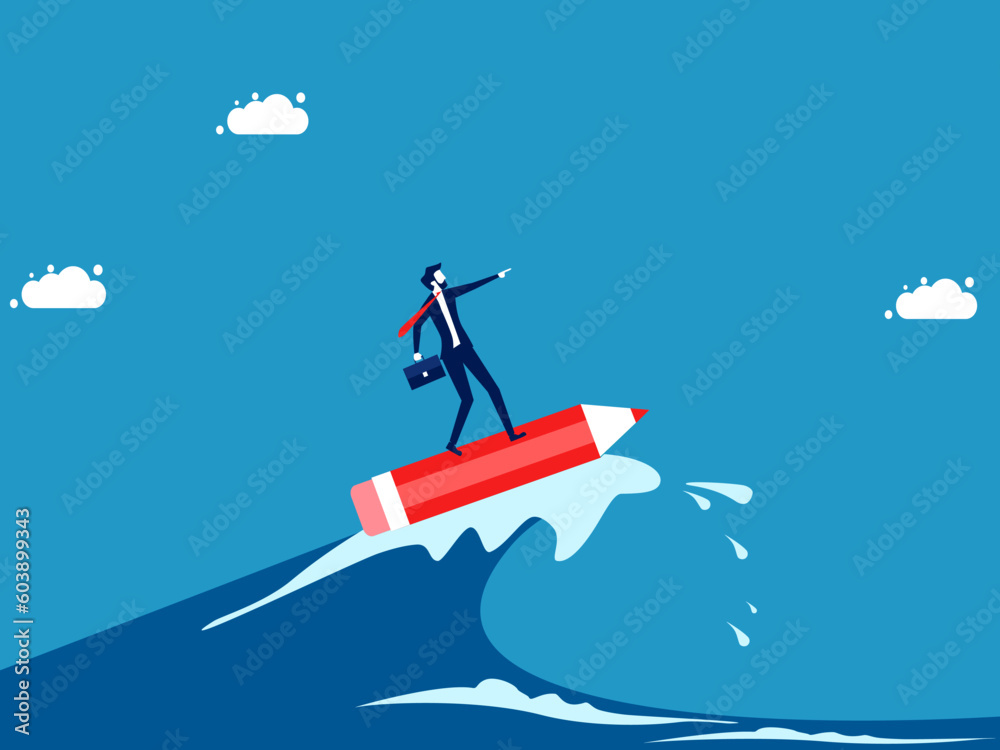 Fight the crisis with the creativity of the leader. Businessman surfing the sea with a pencil vector