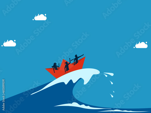 Overcome crises with the patience of a visionary leader. Business team surfing sea waves with paper boats vector