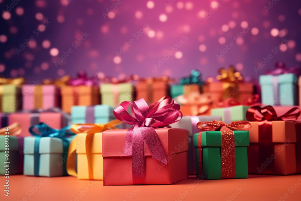 Celebrate in style with our vibrant banner featuring a multitude of gift boxes adorned with velvet ribbons and paper decorations. Perfect for Christmas or birthdays, colorful background, Celebrate in style with our vibrant banner featuring a multitude of gift boxes adorned with velvet ribbons and paper decorations. Perfect for Christmas or birthdays, colorful background,