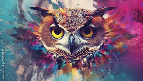 A colorful, double-exposed, abstract owl portrait. (Generative AI) © HandmadePictures