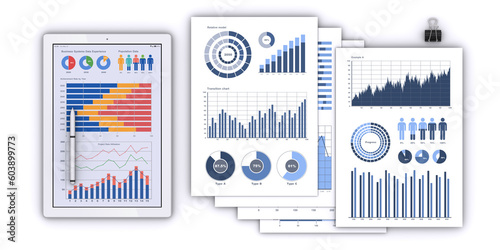 ビジネス資料とデータを映すタブレット端末、データ分析シーン