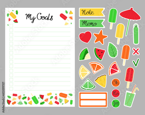 List of goals and stickers. Summer wishlist for print. Template for agenda, planners, diary, notebooks, scrapbooking and other.