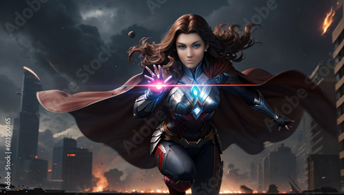 Pretty Brown Haired Woman Super Hero with Red Cape with Destroyed Burning City In the Background Generative AI illustration
