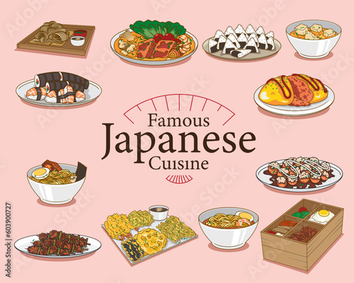 Japanese Cuisine or food set vector illustration, these delicious and well known food can be used as design element.