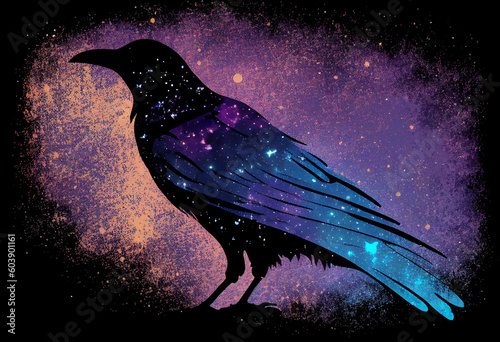 Raven made of the night sky; galaxy night sky raven silhouette design, cosmic jeweltone colors literary mystical, witchy vibe with nods to Odin and Edgar Allan Poe (generative AI, AI) photo