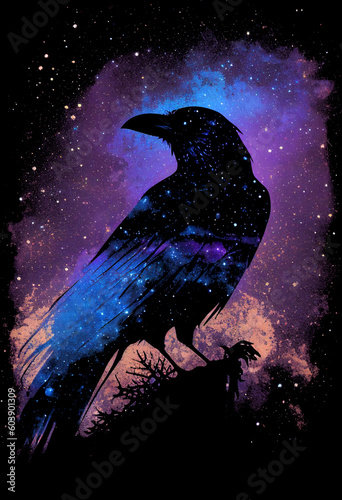 Raven made of the night sky; galaxy night sky raven silhouette design, cosmic jeweltone colors literary mystical, witchy vibe with nods to Odin and Edgar Allan Poe (generative AI, AI)