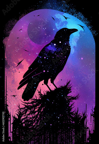 Raven made of the night sky; galaxy night sky raven silhouette design, cosmic jeweltone colors literary mystical, witchy vibe with nods to Odin and Edgar Allan Poe (generative AI, AI) photo