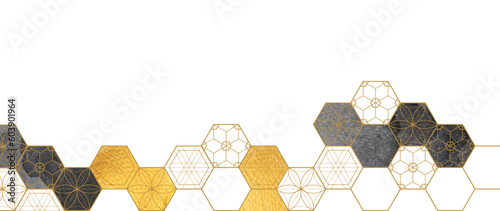 Abstract art template with geometric pattern in Japanese style. Mountain layout design in Asian style. Invitation banner design. Gold and black texture.