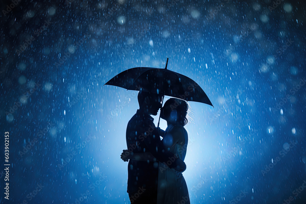 Silhouette a couple standing under an umbrella in the rain - obrazy, fototapety, plakaty 